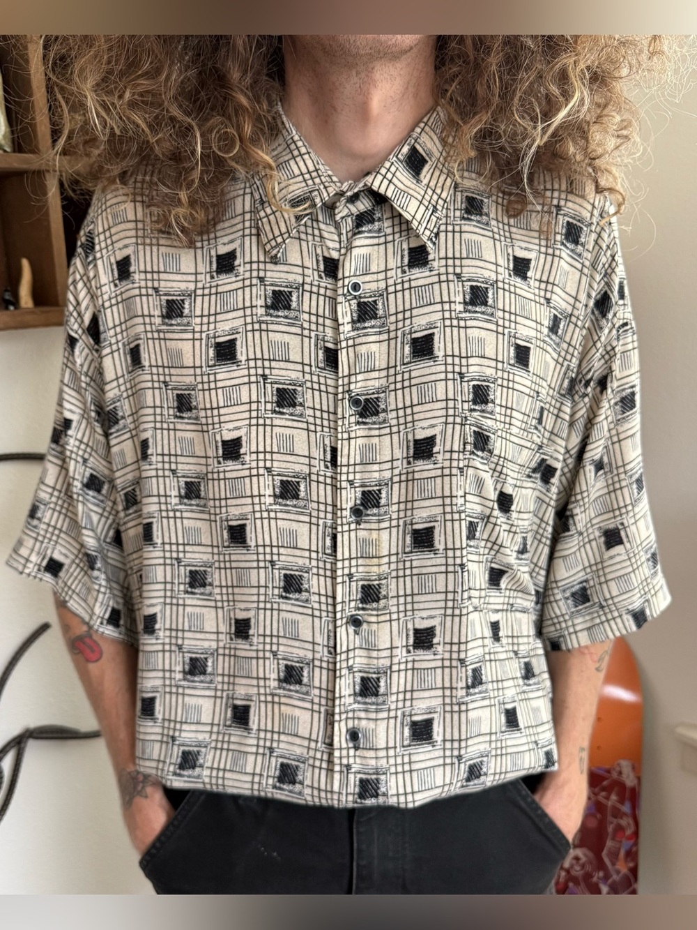 Vintage 80s Abstract Geometric Short Sleeve Rayon Button Down Shirt - Size XXL